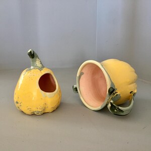 May include: Two ceramic pumpkin-shaped containers. One is upright with a hole, the other is on its side. Both are yellow with green stems and accents. The interior of the container is pink.