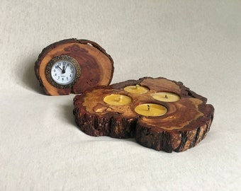 Desk Clock and Melaveh Malkah Candle Holder Slice Slab Wood Live Edge Plum Tree Rustic Simple Farmhouse Logs Pesach Gift