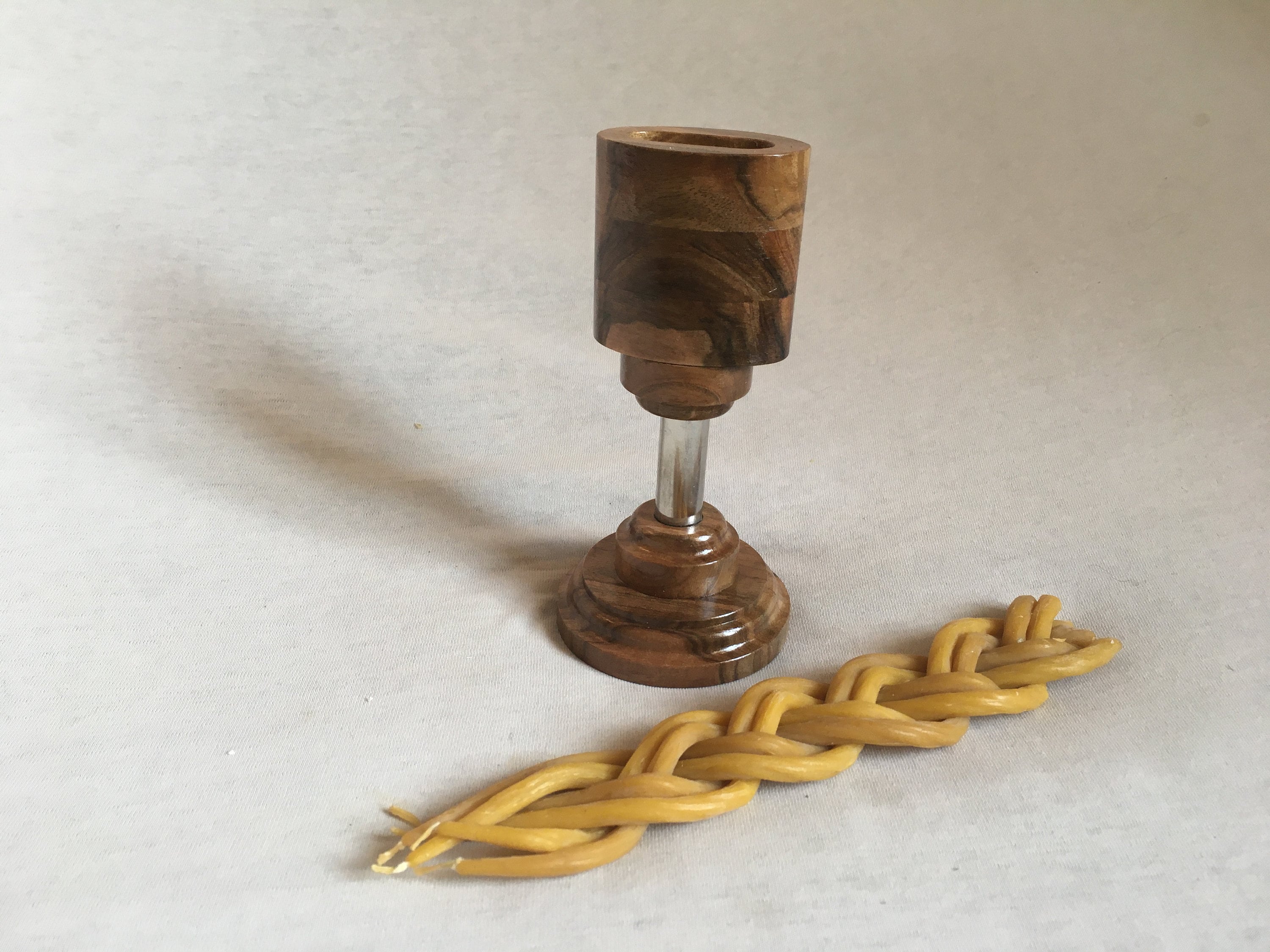 Havdalah Candle Holder Natural Wood Metallic Shabbat Over Candlestick Walnut Tree Contemporary Hand Craft Judaica Art Gift for Home