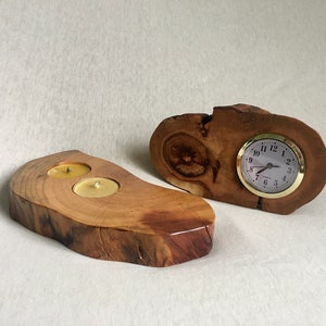 Desc Clock and Slice Wood Candle Holder for 2 Tealight Reclaimed Apricot Tree Slab Log Varnished Hand Crafted Rustic Natural Farmhouse image 7