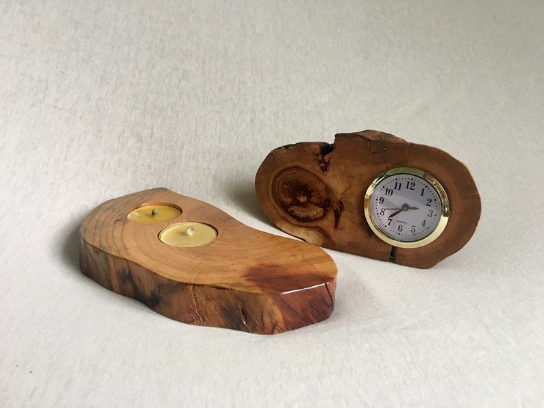 Desc Clock and Slice Wood Candle Holder for 2 Tealight Reclaimed Apricot Tree Slab Log Varnished Hand Crafted Rustic Natural Farmhouse image 7