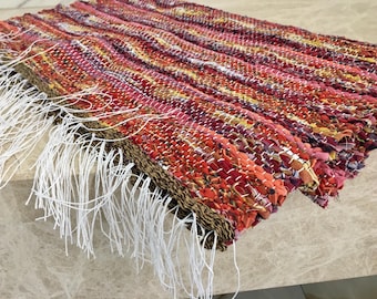 Handgewebter Teppich Rot Orange Baumwolle Flachgewebe 24x51"