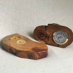 Desc Clock and Slice Wood Candle Holder for 2 Tealight Reclaimed Apricot Tree Slab Log Varnished Hand Crafted Rustic Natural Farmhouse image 1