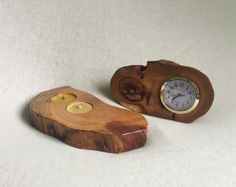 Desc Clock and Slice Wood Candle Holder for 2 Tealight Reclaimed Apricot Tree Slab Log Varnished Hand Crafted Rustic Natural Farmhouse