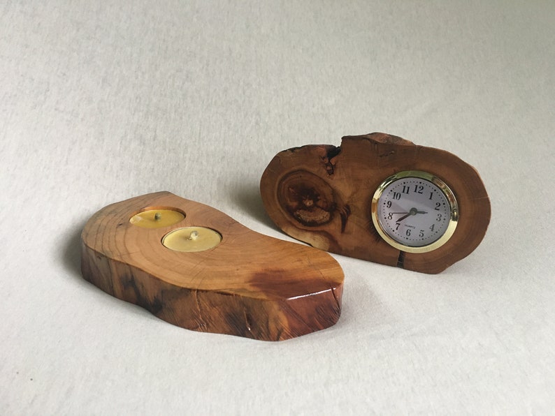 Desc Clock and Slice Wood Candle Holder for 2 Tealight Reclaimed Apricot Tree Slab Log Varnished Hand Crafted Rustic Natural Farmhouse image 1