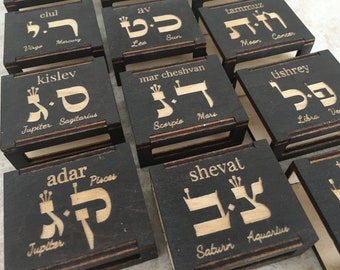 Set of 12 Zodiac Signs Fridge Magnet Wood Matchbox Cover Engraved Letters of The Month Wooden Astro Kabbalistic Astrology Hebrew Alphabet