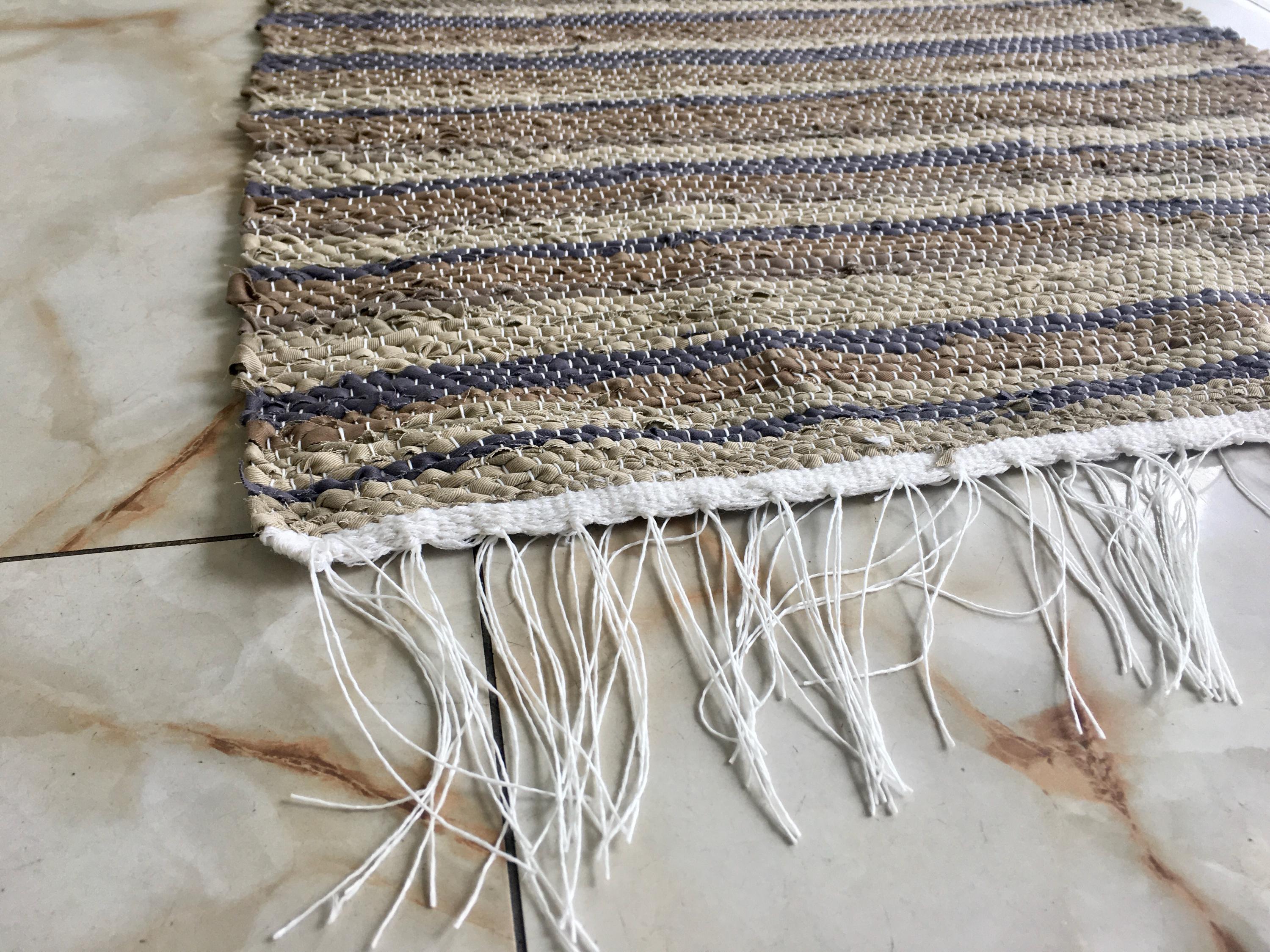 Rag Rug Hand Woven 45x24" Neutral Melange Ivory Light Olive Colors Biodegradable Cotton Flateweave Rug From Waste to Wow