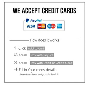 May include: A graphic showing accepted payment methods for online purchases. The image shows logos for PayPal, Visa, Mastercard, Maestro, and Discover. The text "We accept credit cards" is at the top of the image. The text "How does it work" is below the logos. The image shows four steps for making a purchase: 1. Click "Add to cart", 2. Choose "Pay with PayPal", 3. Choose "Pay with Debit or Credit Card", and 4. Fill in your card details. The text "(You do not have to sign up for PayPal)" is below the steps.