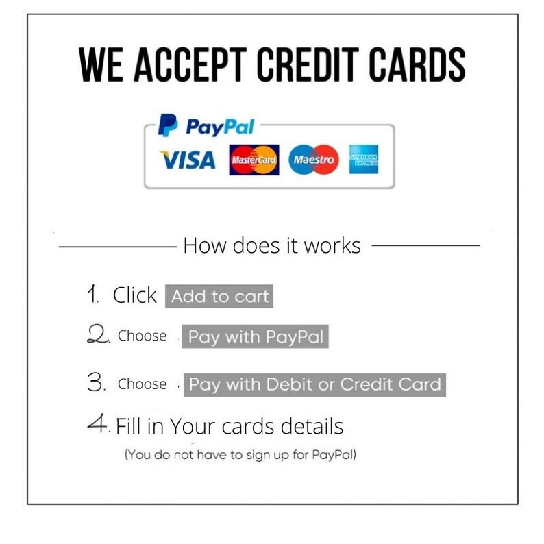 May include: A graphic showing accepted payment methods for online purchases. The image shows logos for PayPal, Visa, Mastercard, Maestro, and Discover. The text "We accept credit cards" is at the top of the image. The text "How does it work" is below the logos. The image shows four steps for making a purchase: 1. Click "Add to cart", 2. Choose "Pay with PayPal", 3. Choose "Pay with Debit or Credit Card", and 4. Fill in your card details. The text "(You do not have to sign up for PayPal)" is below the steps.