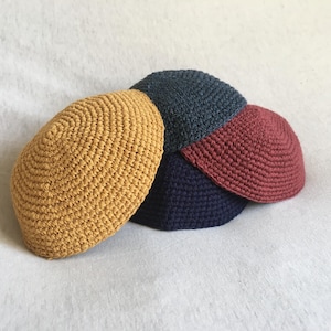 Kippah Sruga  Set of 4 Bordo Gray Dark Blue Mustard Trends Colors Crochet Hand Knitted Jewish Religious Clothes Yarmulke Cotton Yarns 6.5”