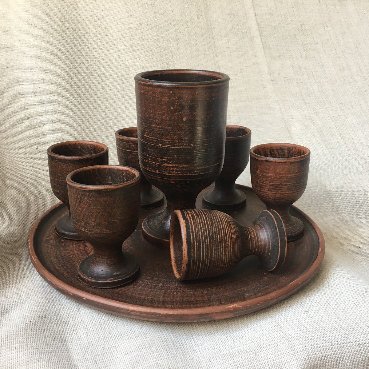Ceramic Clay Kiddush Set Cup With 6 Shots Glasses on Tray