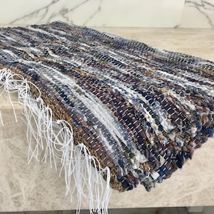 Hand Woven Rag Rug Bedside Small Rug Biodegradable Cotton Blue Melange Colors Flateweave Rug Machine Washable Housewarming gift