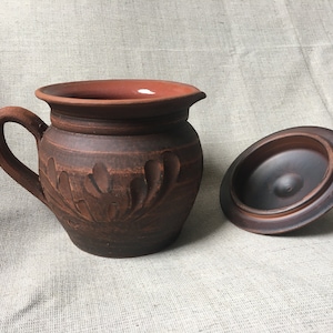 Pottery Clay Jug Hand Made Water Milk Terracota Pitcher with Lid Rustic Ceramic Vessel Passover Gift