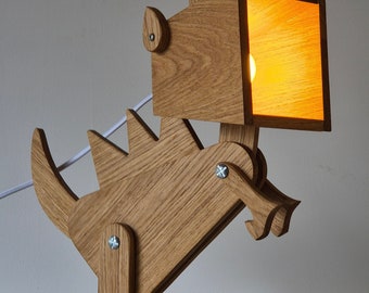 Articulated dinosaur lamp in solid French oak