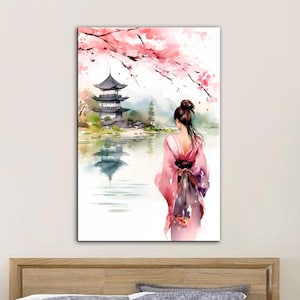 Japanese Geisha Canvas Print: Cherry Blossom Watercolor Wall Decor