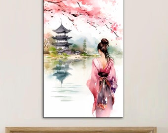 Japanese Geisha Canvas Print: Cherry Blossom Watercolor Wall Decor
