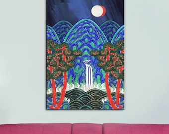 Stampa artistica su tela vintage coreana con sole e luna: decorazione in stile asiatico