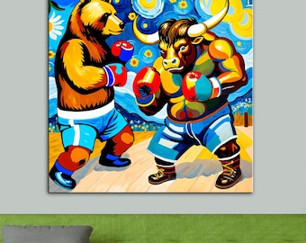 Bear vs Bull Boxing Canvas: Stock Market Art, Boy's Room Decor, Cartoon Print