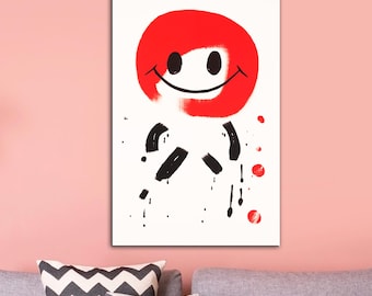 Cheerful Little Man Abstract Canvas Art, Modern Red Black Wall Art