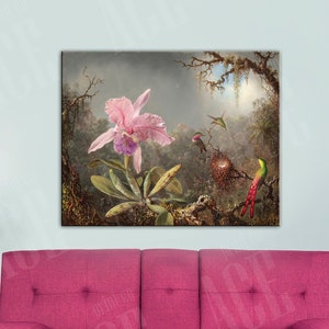 Martin Johnson Heade Reproduction Print, Cattleya Orchid and Three Hummingbirds Vintage Art 1871, Martin Johnson Heade Canvas Print