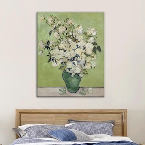 Impresión en lienzo de Jarrón de rosas de Van Gogh, impresión de reproducción de rosas, impresión de pintura de Jarrón de rosas, decoración delicada para dormitorio, arte de pared vintage de rosas