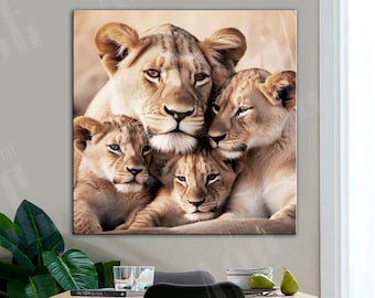 Lioness and Cubs Canvas Print: African Lion Family Wall Art