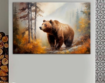 Grizzly Bear Canvas Print: Vintage Rustic Forest Art