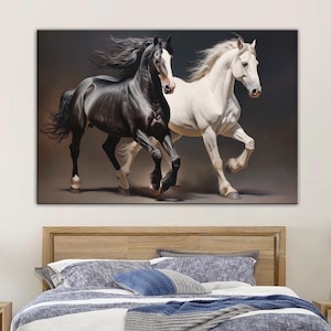 Black and White Horse Print, Horse Canvas Decor Living Room Wall Decor, Couple horses painting print,  Wild Horses Art, gift for horse lover