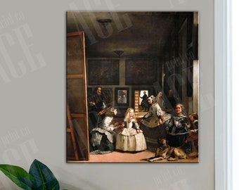 May include: A painting depicting a group of people in a room, with a woman in a white dress and a man in a black suit standing out. The painting is framed and hanging on a wall.