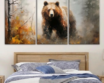 Brown Bear Canvas Print: Foggy Forest Rustic Wall Art