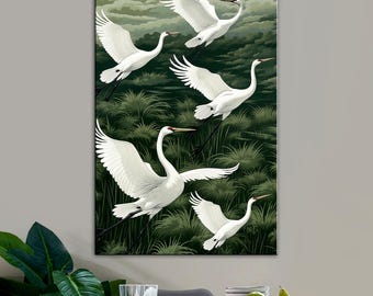 Japanese Cranes Canvas Print: Elegant Flying Sandhill Cranes Wall Art