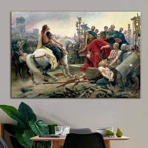May include: A painting depicting a historical scene with a group of people in Roman attire. A woman on horseback leads the group, while others stand and kneel around her. The scene is set in a landscape with trees and buildings in the background.