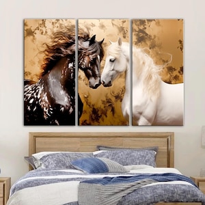 Horses Canvas, horses in love painting print, Farmhouse decor, wild horses on a golden background wall decor, white horse modern art print