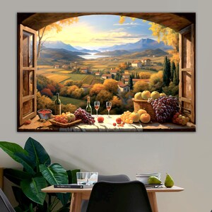 Offenes Fenster mit Toskana Malerei Druck, Toskana Leinwand, Weinfelder, Italien Lanscape Wanddekor, rustikale Küchenmalerei, Obst, Obst