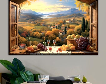 Tuscany Window View Canvas Print: Italian Wine Fields Landscape, Rustic Kitchen Painting, Open Window