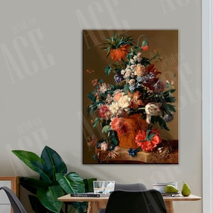 Vase of Flowers Reproduction Canvas Print, Vintage Still Life Floral by Jan van Huysum Canvas Wall Art