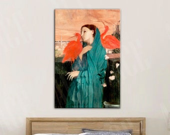 Pode incluir: Uma pintura de uma mulher com um vestido turquesa com dois pássaros vermelhos sobre os ombros. O fundo é uma cidade com um céu rosa.