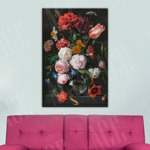 Still Life with Flowers in a Glass Vase Reproduction Print, Vintage Flowers Canvas, Jan Davidsz. de Heem 1650-1683 wall art decor