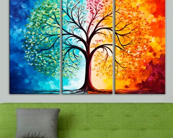 Tree of Life Canvas Print: Multicolored Seasons Wall Decor, Good mood painting