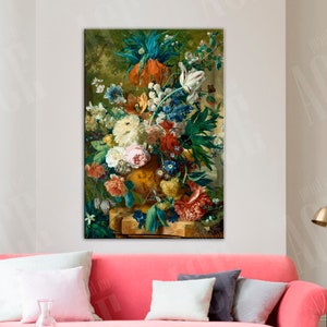 Vase of Flowers Reproduction Canvas Print, Vintage Still Life Floral by Jan van Huysum Canvas Wall Art