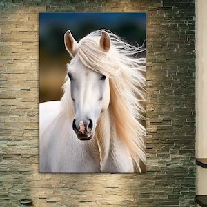 White horse portrait painting print, White Horse with White Mane canvas print, decor for country house, gift for horse lovers