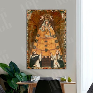 Our Lady of the Rosary with Saint Dominic and Saint Rose Reproduction Print, Vintage Anonymous Cusco School art decor