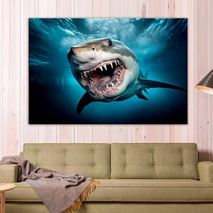 Shark Canvas Print, Great White Shark Art, Beach House Wall Decor, Shark Wall Art, Underwater Animals Print, Shark Painting Print