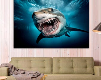 White Shark Canvas Print, Beach House Wall Decor, Underwater Animal Art