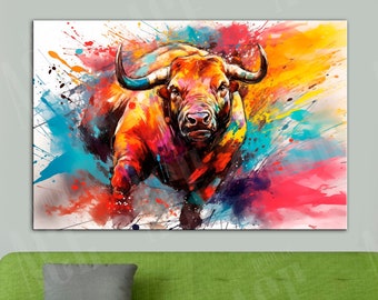 Watercolor Bull Canvas Print: Farmhouse Cattle Wall Art