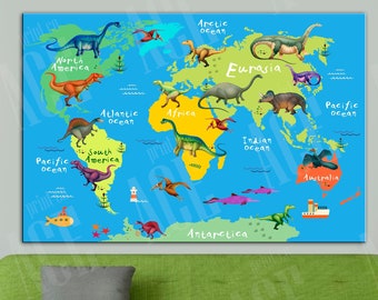 World Map Canvas, Kid Room World Map, Dinosaurs Decor for children's room