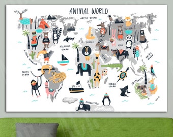 Animal World Map Canvas Print: Modern Kid's Room Decor