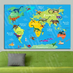 Weltkarte Leinwand, Kinderzimmer Weltkarte, Dinosaurier Dekor für Kinderzimmer