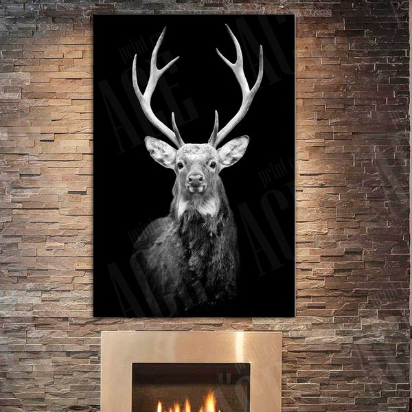 Deer Black and White Canvas, Deer Photo Print, Black Deer Wall Art