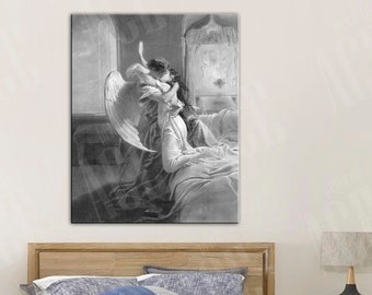 May include: A black and white illustration of an angel with wings embracing a woman in a bed. The angel is wearing a long robe and the woman is wearing a nightgown. The illustration is set in a bedroom with a window in the background.